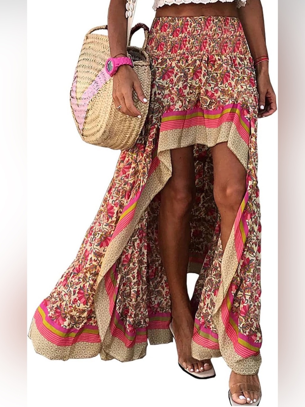 Boho Floral High-Low Maxi Skirt in Pink